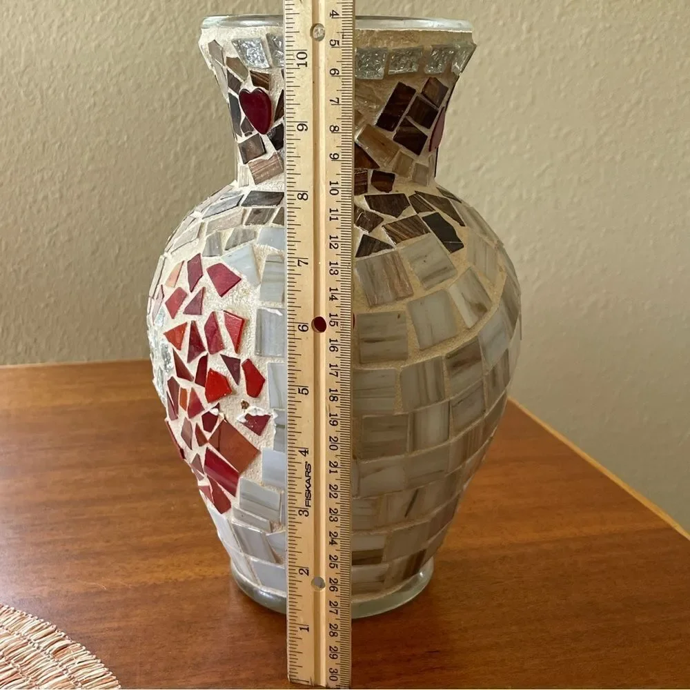 Handmade Mosaic Vase Heart Shaped Design Red Silver Cream